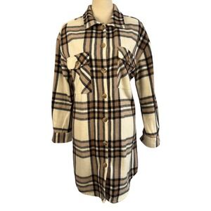 Plaid Shacket Button Up Womens Medium Cream Tan Longline Casual Grunge Travel